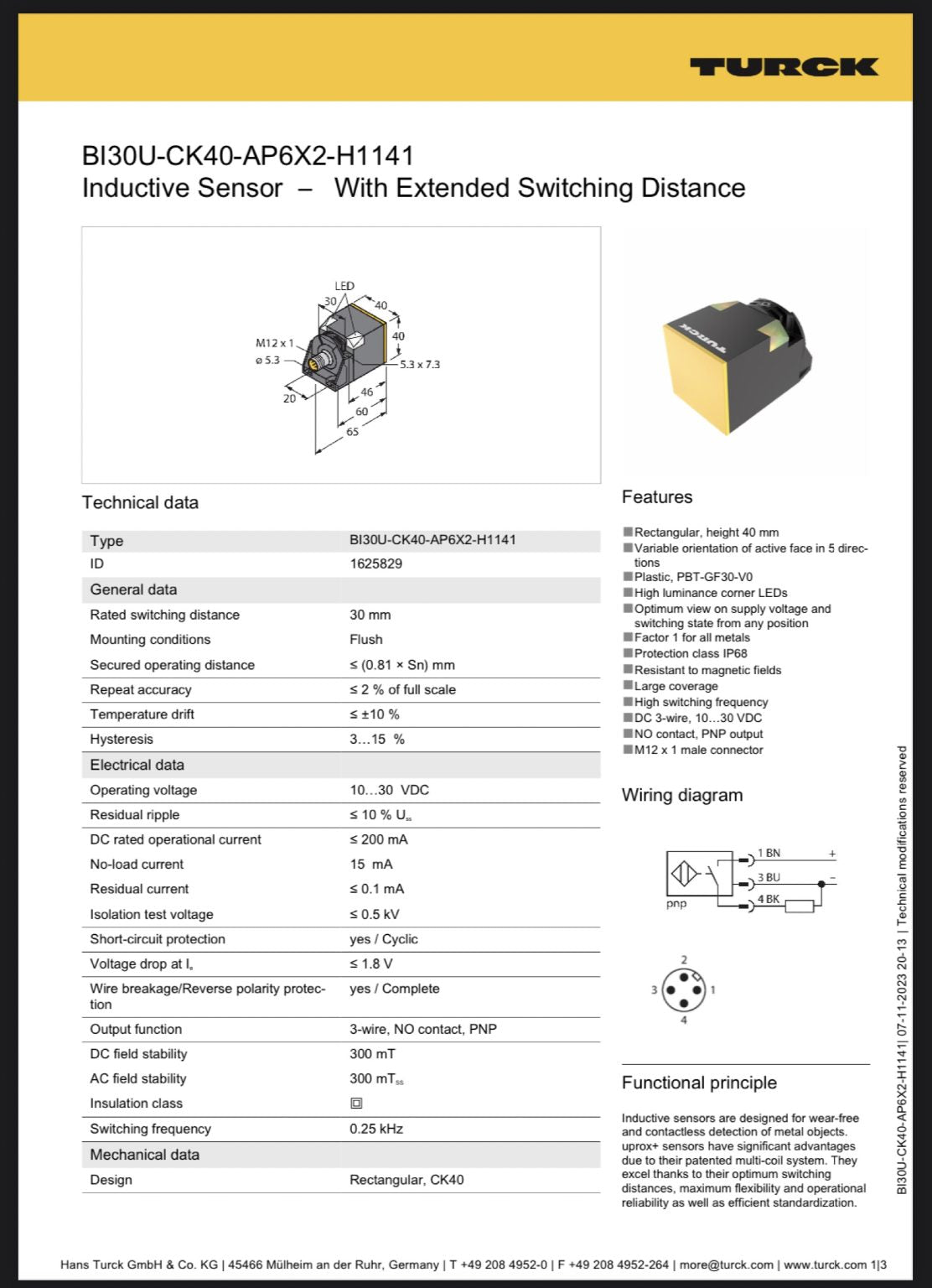 Turck Inductive Block-Style Proximity Sensor 30 mm Detection