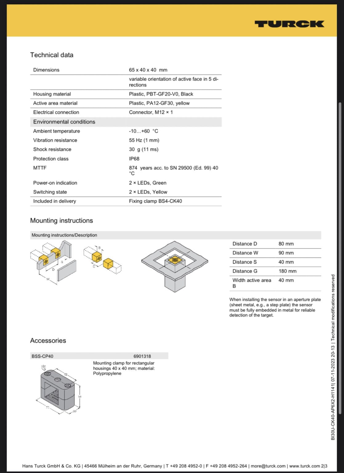 Turck Inductive Block-Style Proximity Sensor 30 mm Detection