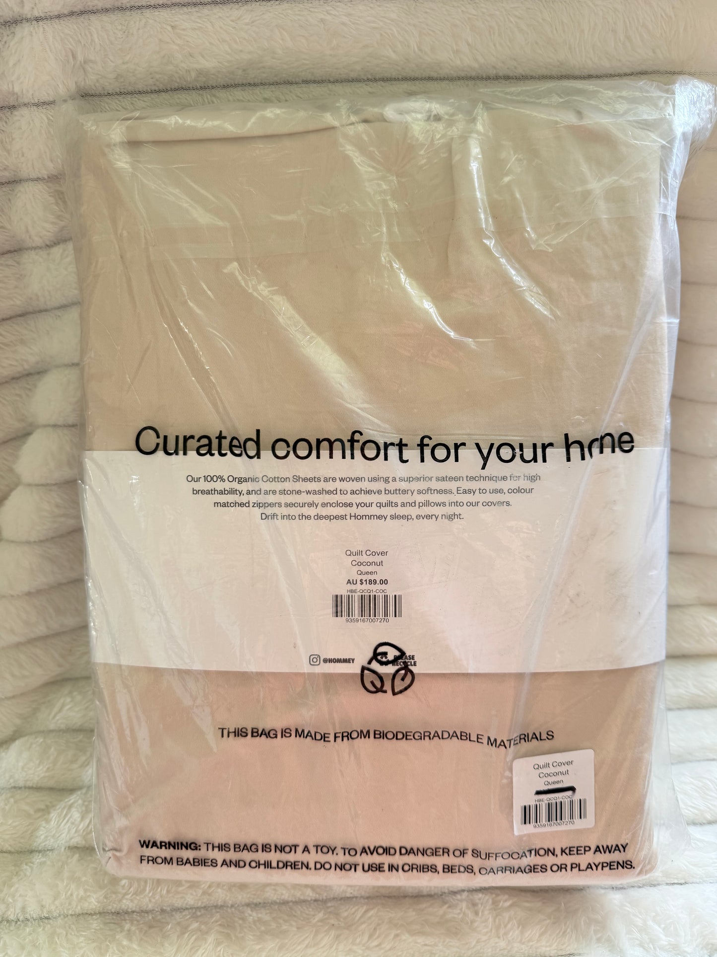 HOMMEY Queen Organic Cotton Quilt Cover - Coconut RRP $213