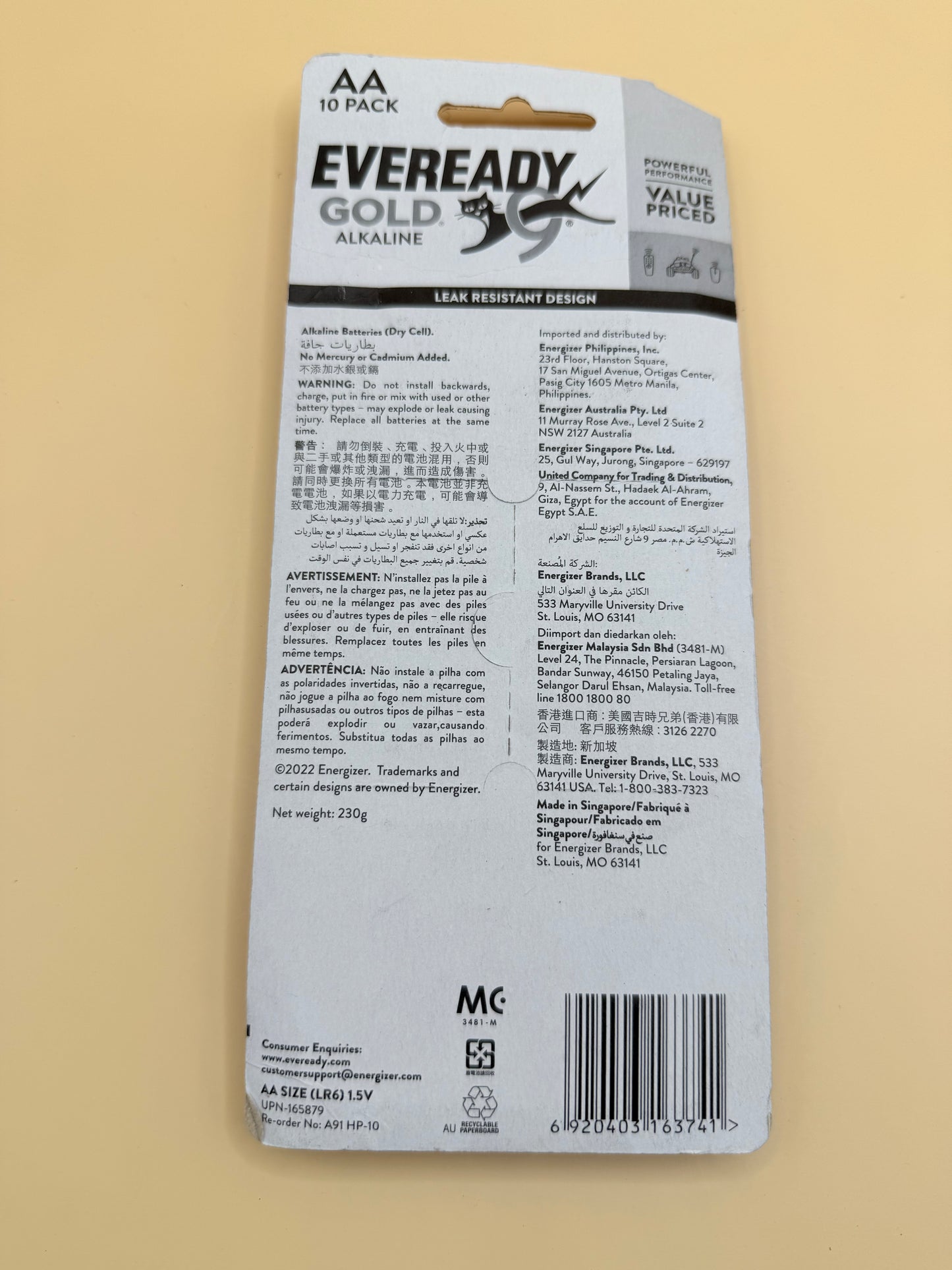 10-Pack Eveready Gold AA Alkaline Batteries