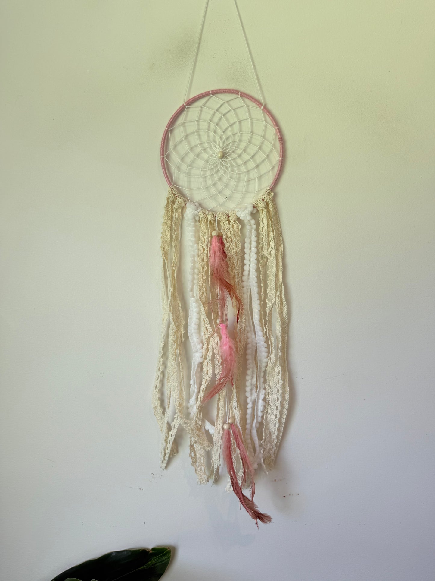 Boho Lace & Pink Feather Dreamcatcher