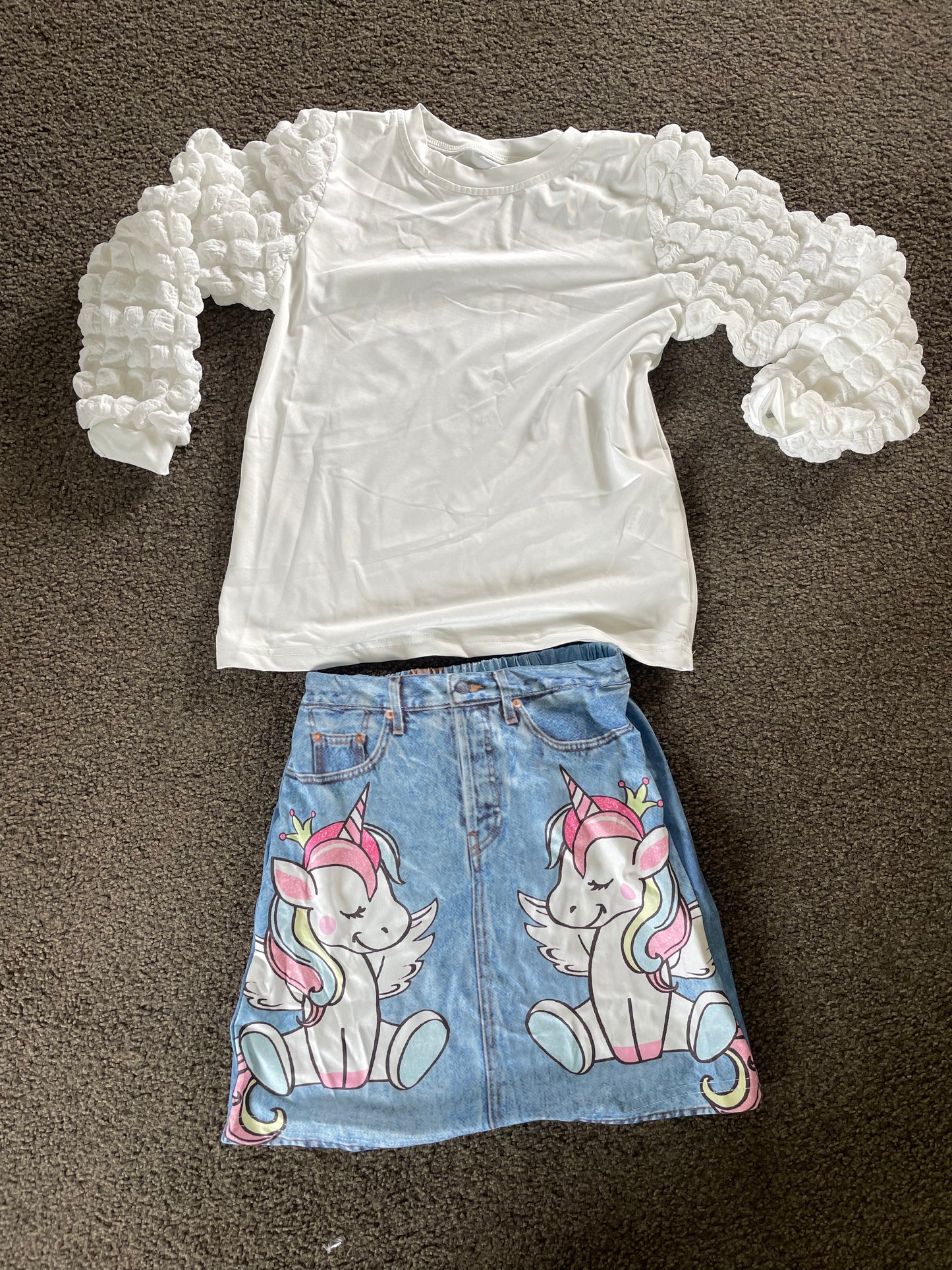 Shein 7y Unicorn Denim Skirt & Puff Sleeve Top Set for Kids