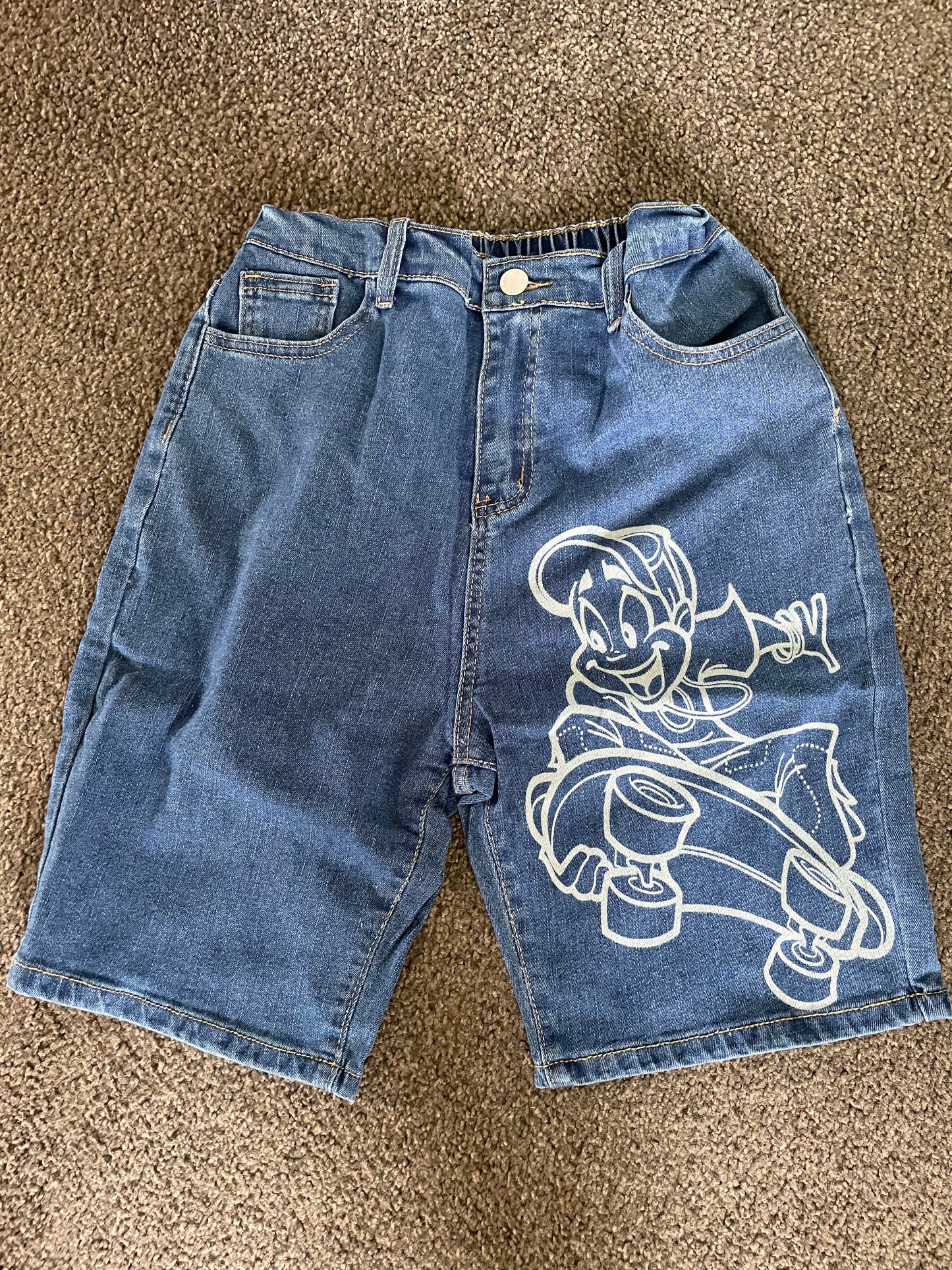 Shein Size 12y Kids' Denim Shorts with Skater Cartoon Print