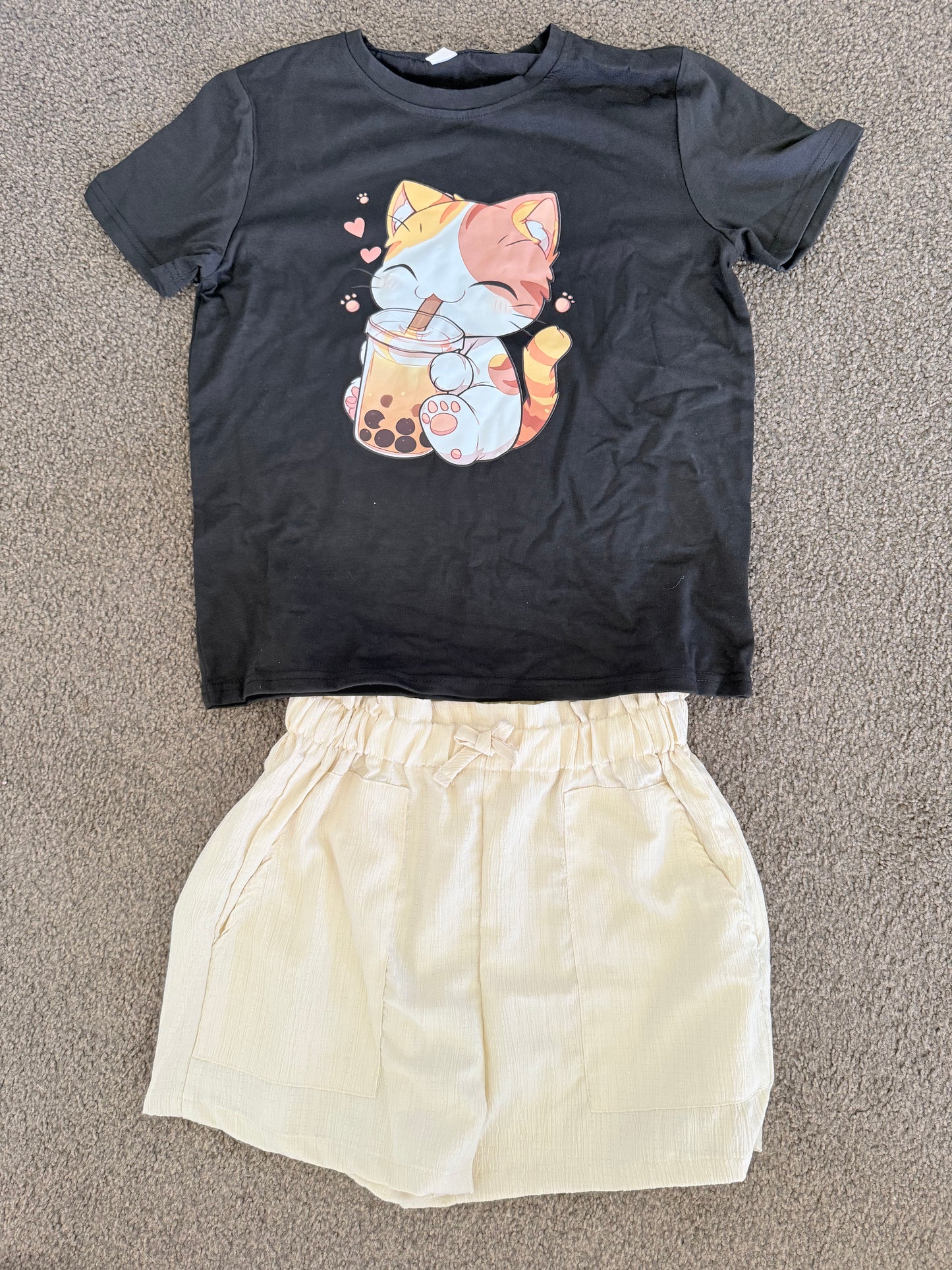 Black T-Shirt with Cat Bubble Tea Graphic and Cream Shorts Set Size 12 Years