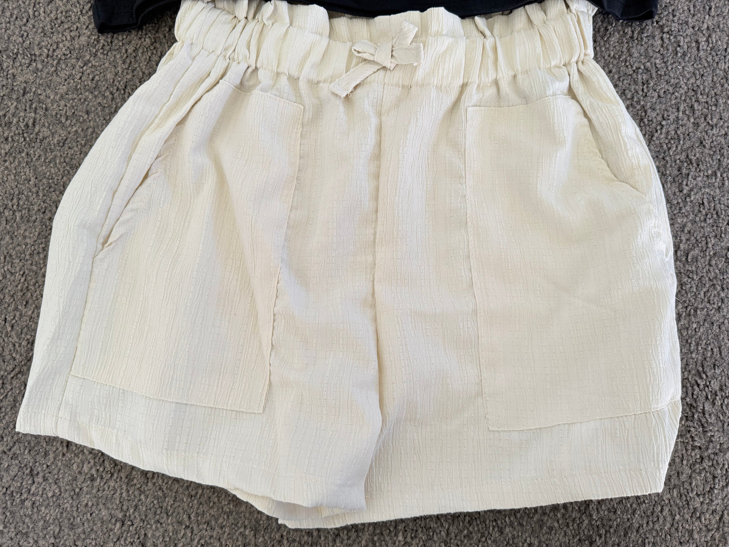 Black T-Shirt with Cat Bubble Tea Graphic and Cream Shorts Set Size 12 Years