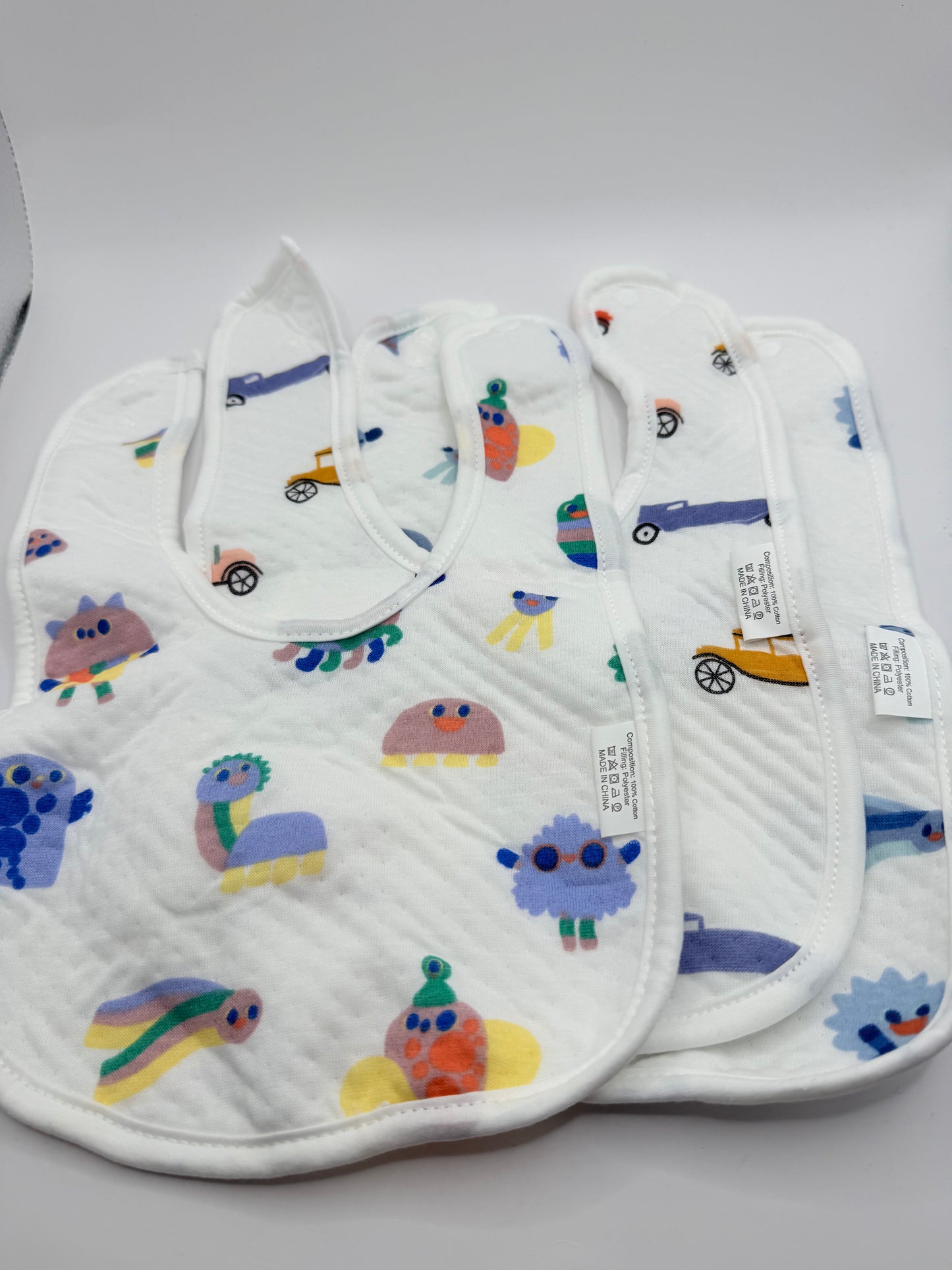 Cotton Baby Bib Pack of Three White with Cartoon Prints