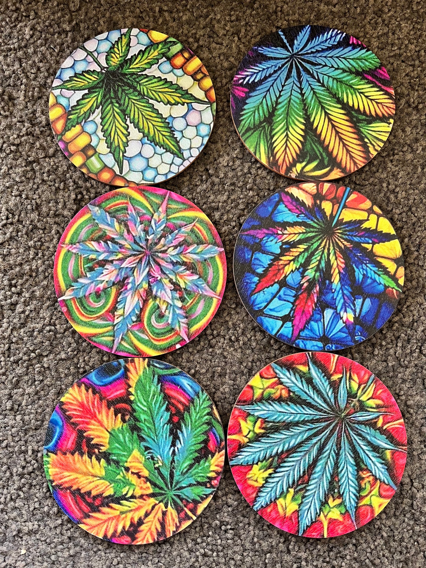 6 Piece Set Psychedelic Marijuana Leaf Wooden Coasters
