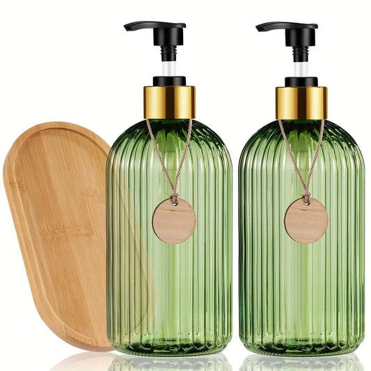 2pcs 16.9 Oz Green Corrugated Soap Dispenser Set