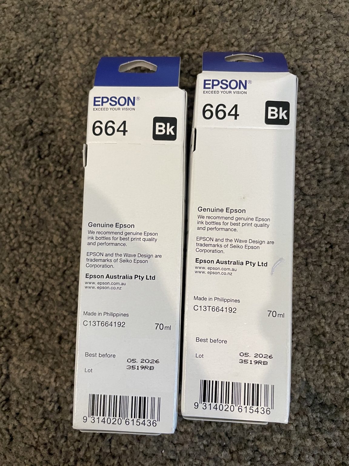 2x Genuine Epson 664 Black Toners BB 2026