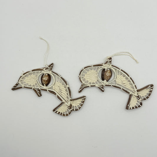2x Wood & Macrame Dolphin Hanging Ornaments
