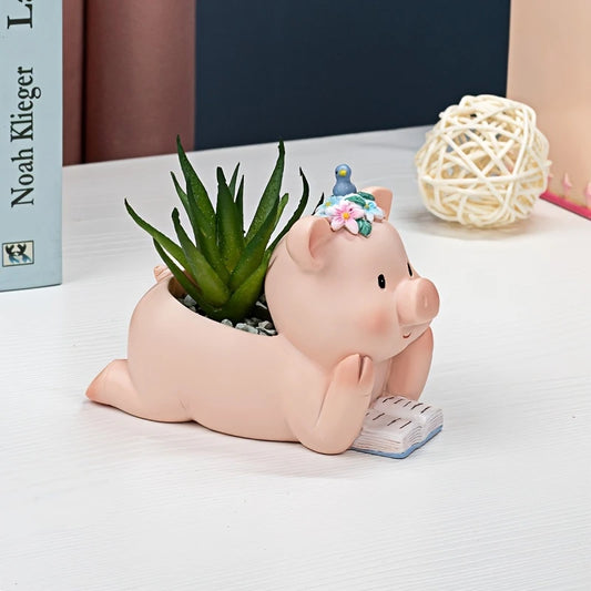 Reading Piglet Mini Resin Planter