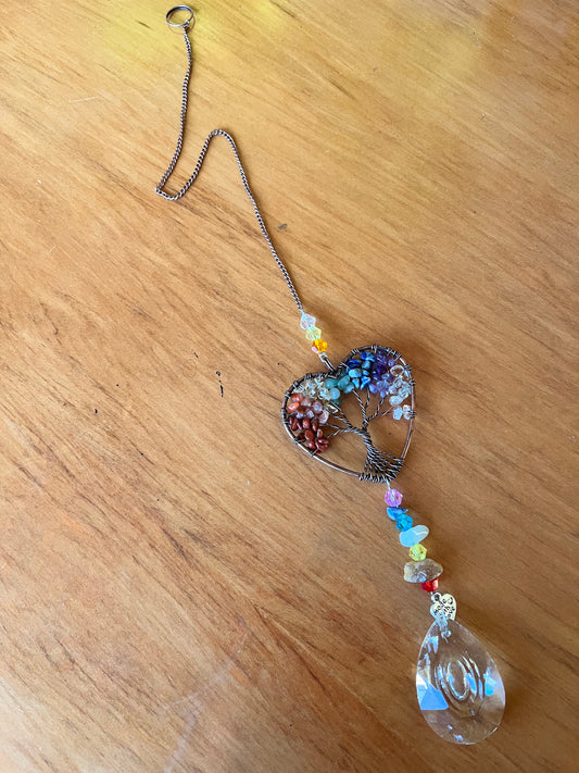 Rainbow Chakra Tree of Life Heart Suncatcher