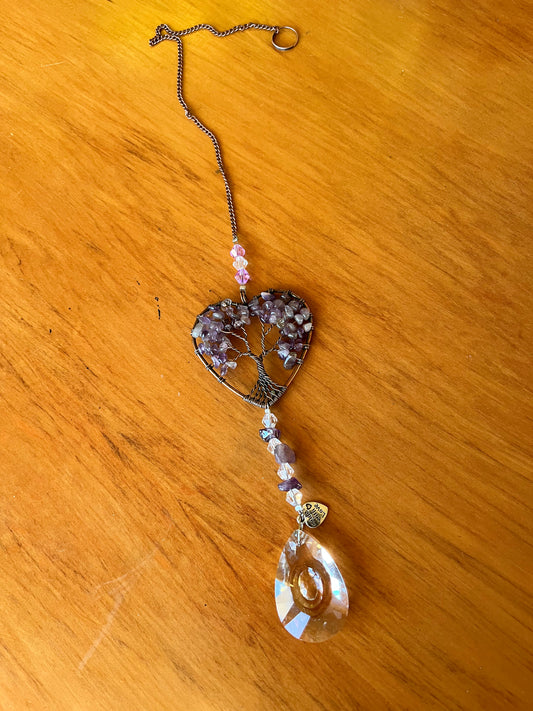 Amethyst & Crystal Look Tree of Life Heart Suncatcher