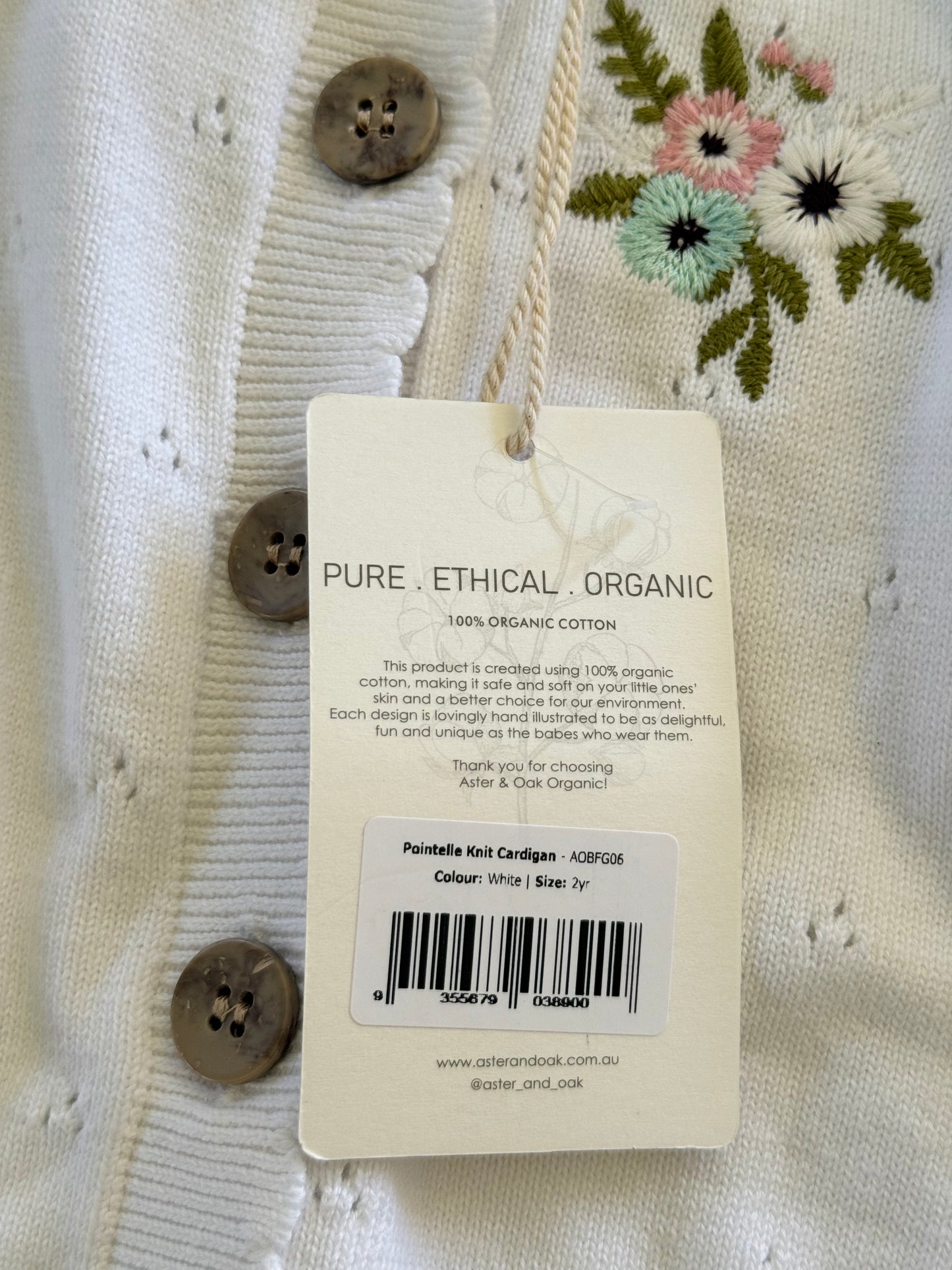 Aster and Oak Size 2 Organic Cotton Pointelle Knit Cardigan