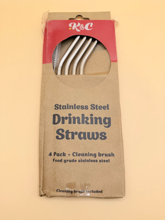 R&C Stainless Steel Drinking Straws, 4 Pack with Cleaning Brush