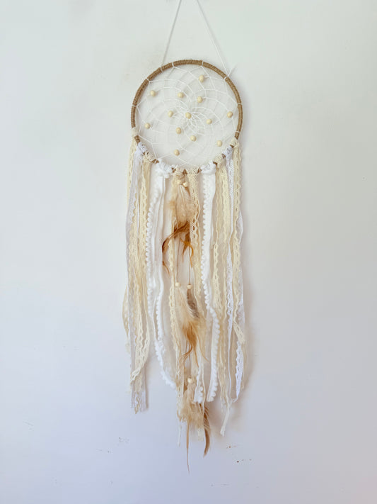 Lace and Feather Dream Catcher with Wooden Beads