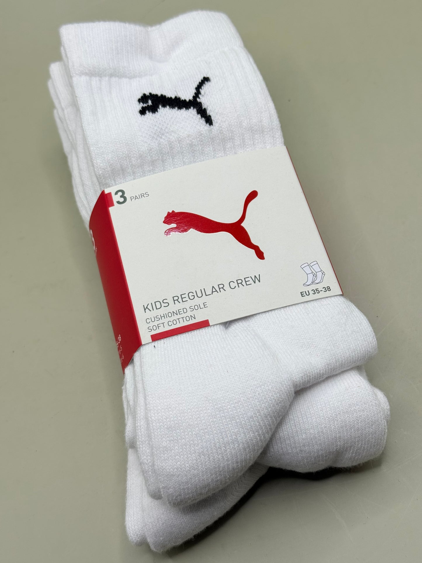 Puma Size 3.5-6 Junior Crew Socks - 3 Pack - White RRP $24.99