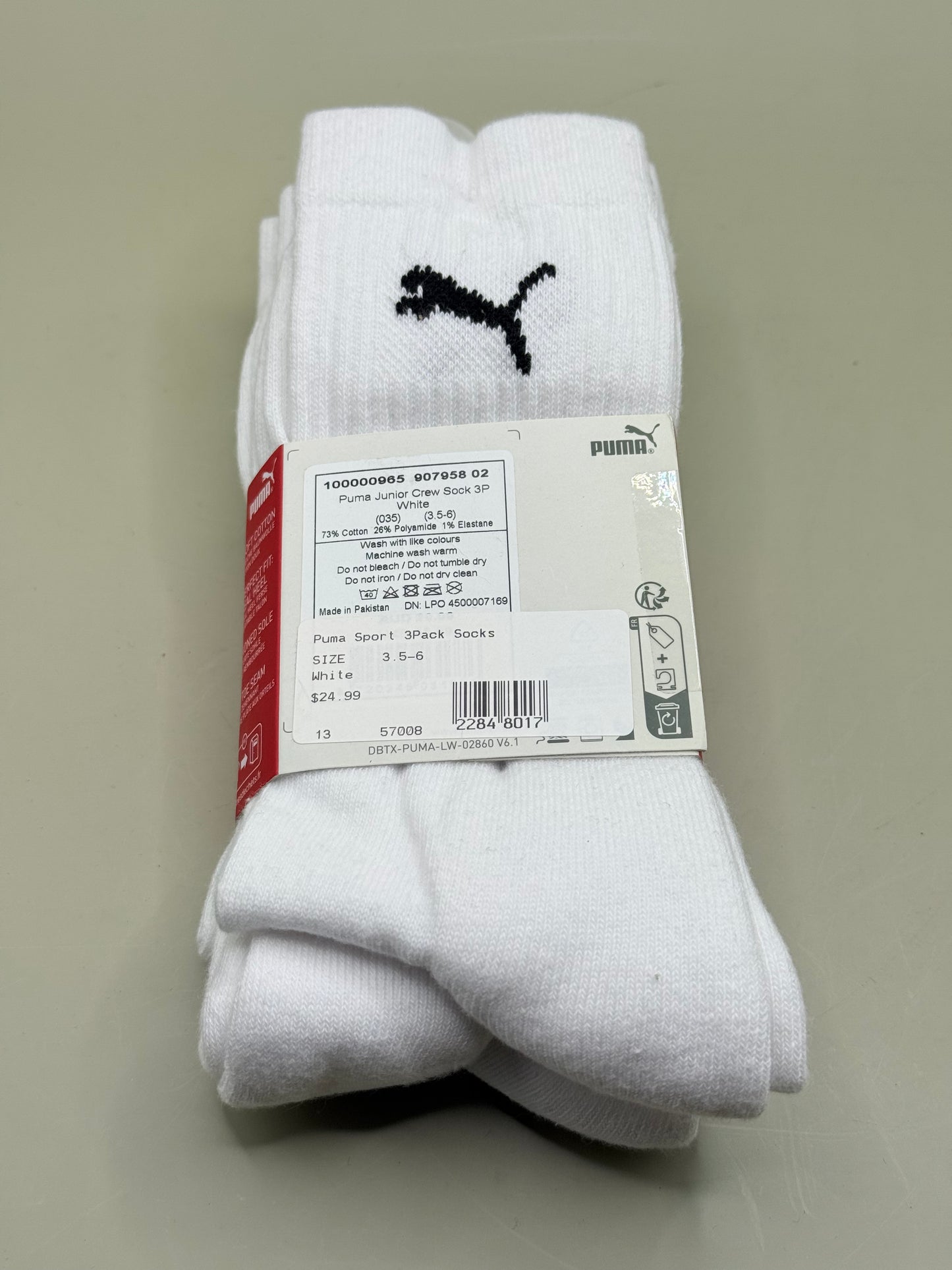 Puma Size 3.5-6 Junior Crew Socks - 3 Pack - White RRP $24.99