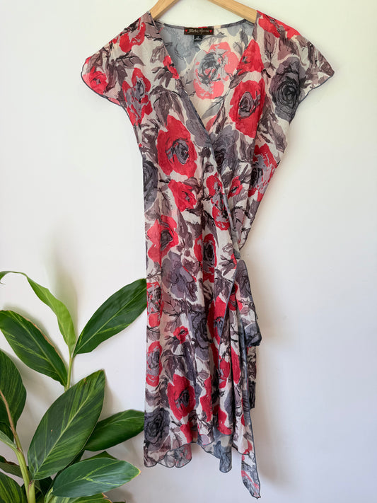 Bettie Monroe (NZ) Size S Red & Grey Rose Floral Wrap Dress