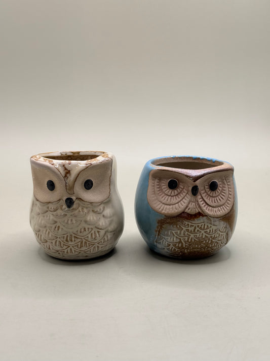 Set of 2 Mini Owl Ceramic Planters