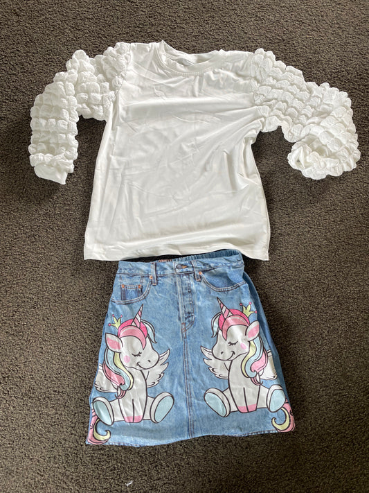 Shein 7y Unicorn Denim Skirt & Puff Sleeve Top Set for Kids