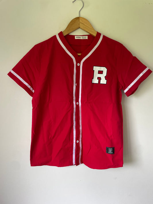 Shein 11-12y Classic Red Varsity Button-Up Look Top with "R" Patch