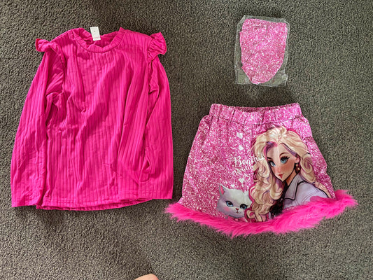Shein Size 6Y Sparkling Pink Barbie-Themed Skirt Set with Matching Top and Headband
