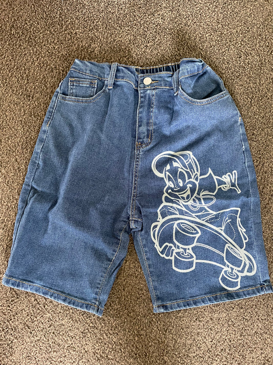 Shein Size 12y Kids' Denim Shorts with Skater Cartoon Print