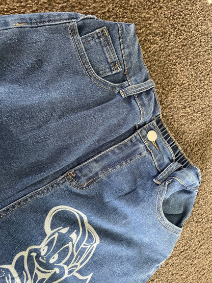 Shein Size 12y Kids' Denim Shorts with Skater Cartoon Print