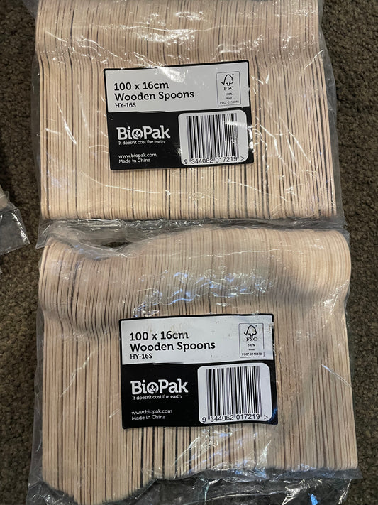 2x BioPak 16cm Wooden Spoons - 100 Count (200 total)