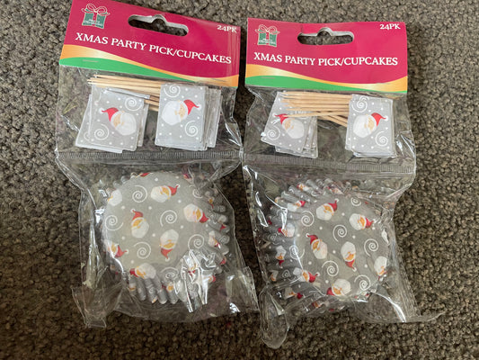 Christmas Party Picks & Cupcake Liners Set - 24 Pieces Each x 2 sets